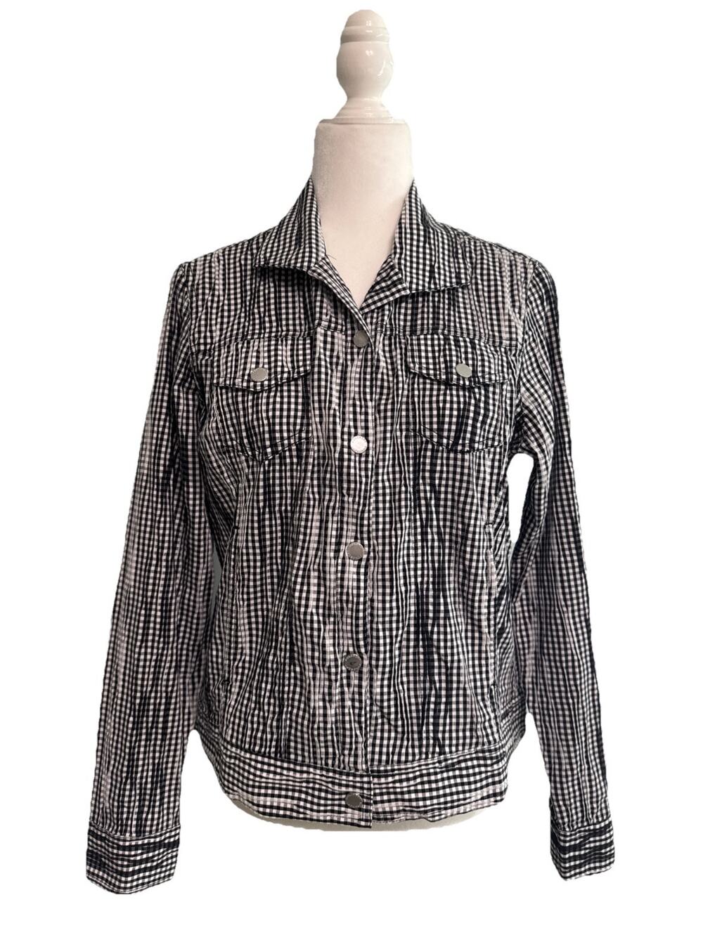 Foxcroft Jacket Womens 8 Black White Plaid Textured Snap Buttons